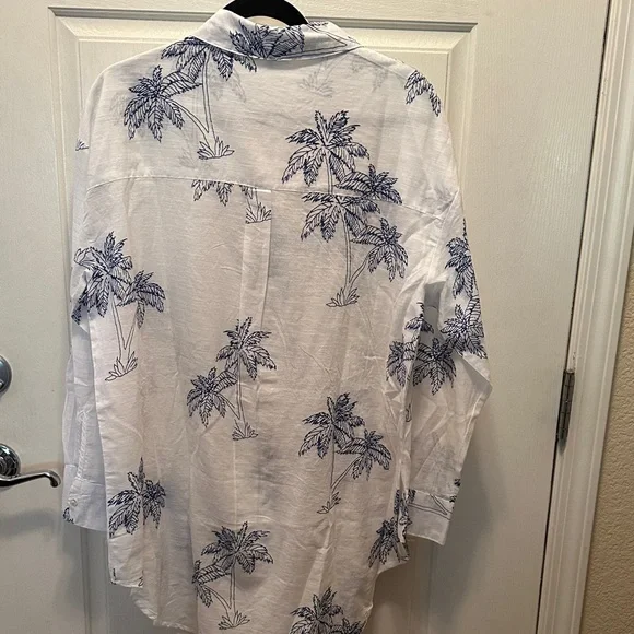 Blue Island White Button-Down with Navy Palm Design 100% Cotton Lightweight Lrg - Picture 4 of 7